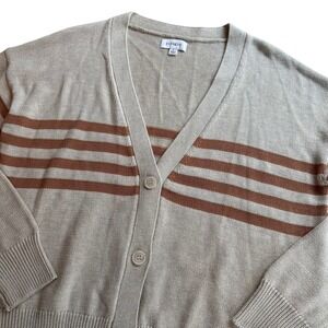 EVEREVVE Women's Size L Beige Brown Striped V Neck Button Up Cardigan Sweater